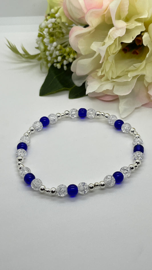 Blue Crystal, Crackle Glass and 925 Sterling Silver Beaded Bracelet