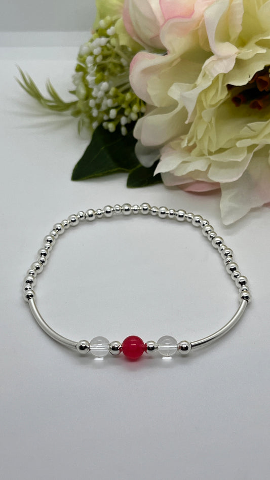 925 Sterling Silver, Red Jade and Clear Quartz Noodle Bracelet