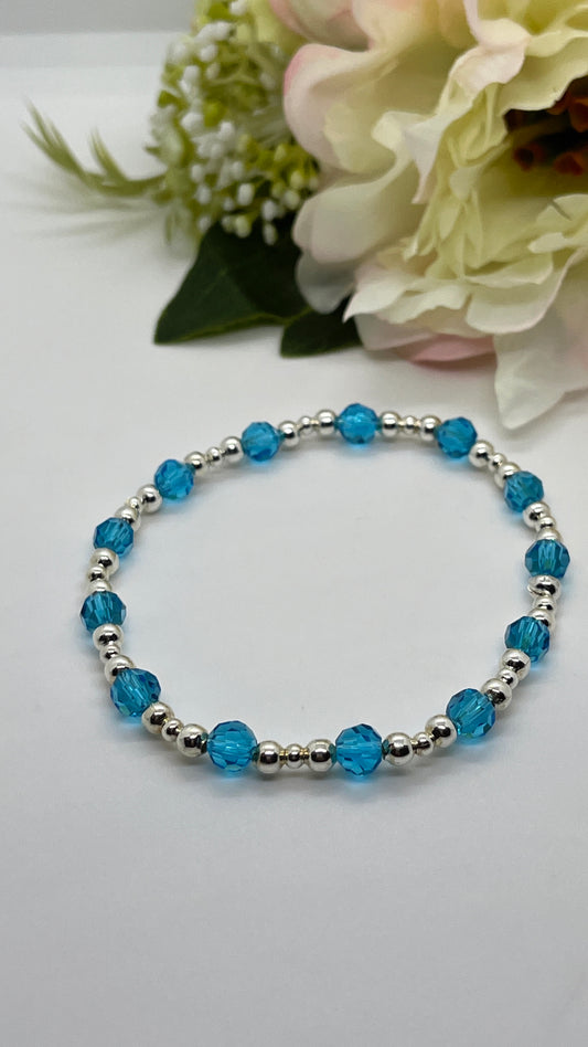 925 Sterling Silver and Bright Blue Rondelle Crystal Bracelet